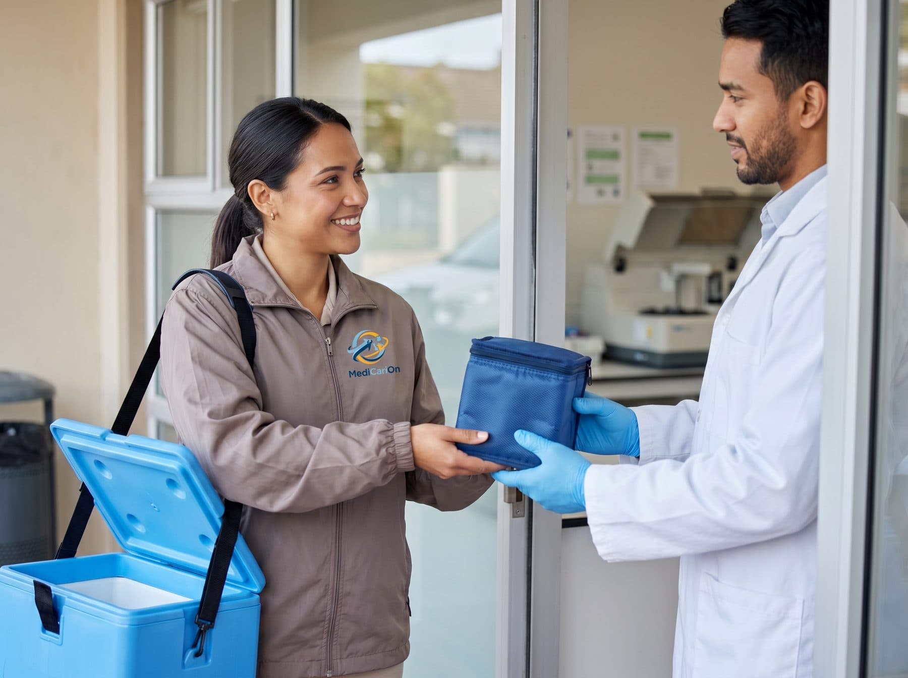 MediCariOn courier handing off a temperature-controlled delivery bag to a lab technician at a healthcare facility entrance