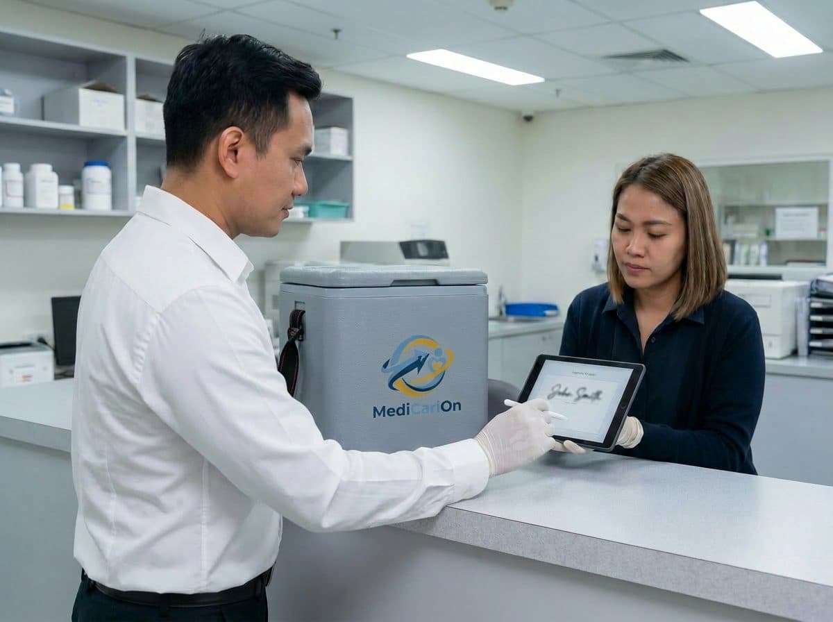 MediCariOn driver collecting a digital signature on a tablet for chain-of-custody during a lab specimen pickup