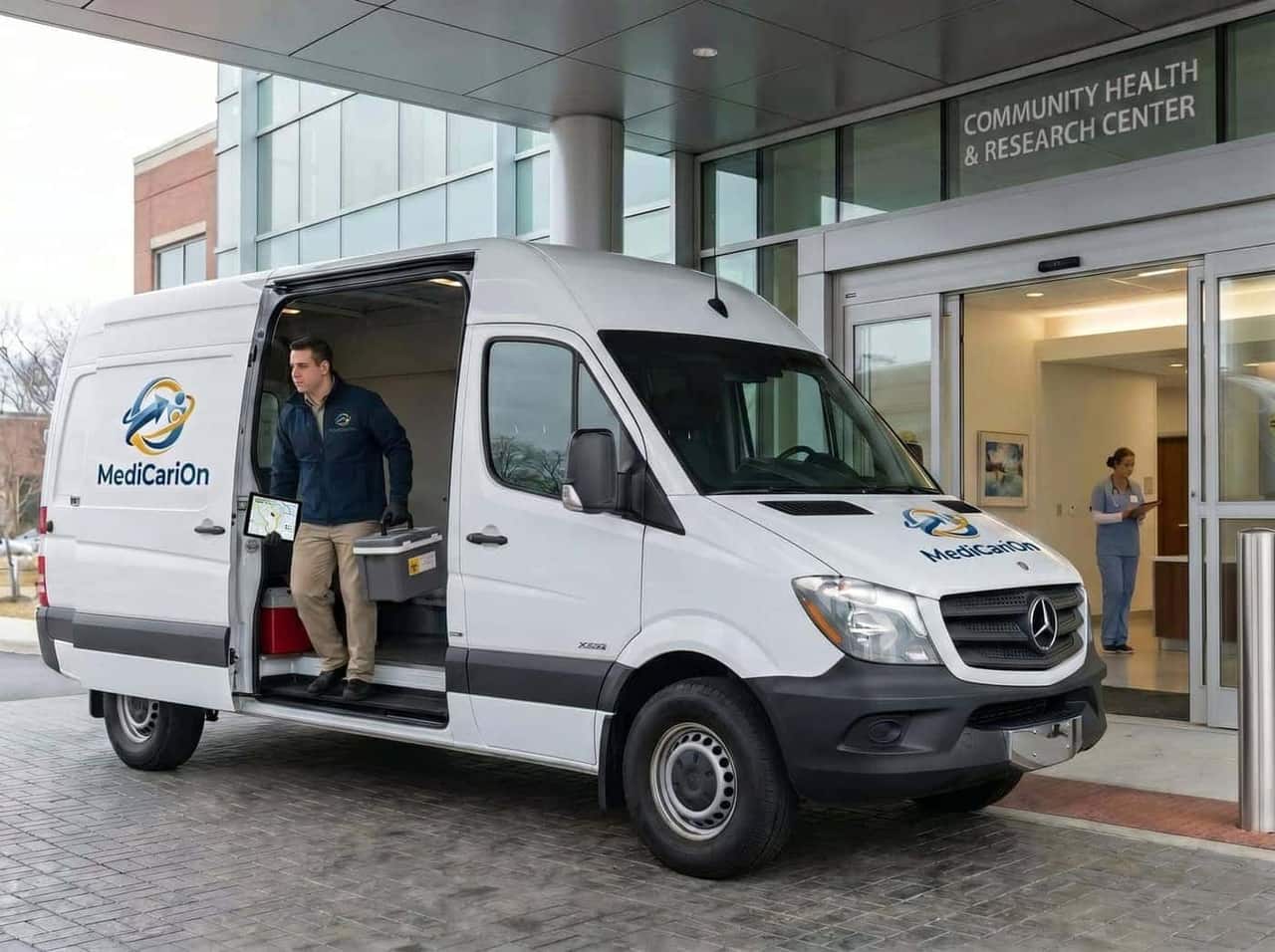 MediCariOn courier unloading a specimen case from a delivery van at a health center